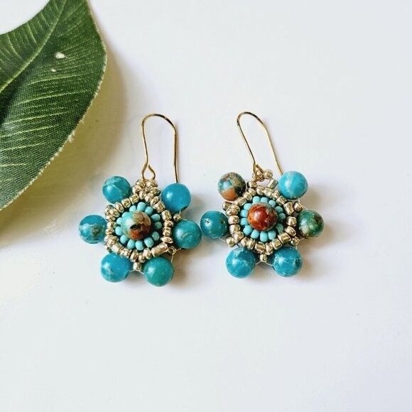 2/$27 | Turquoise Mini Shield Beaded Indigenous Hoop Earrings | Handmade - Picture 4 of 5